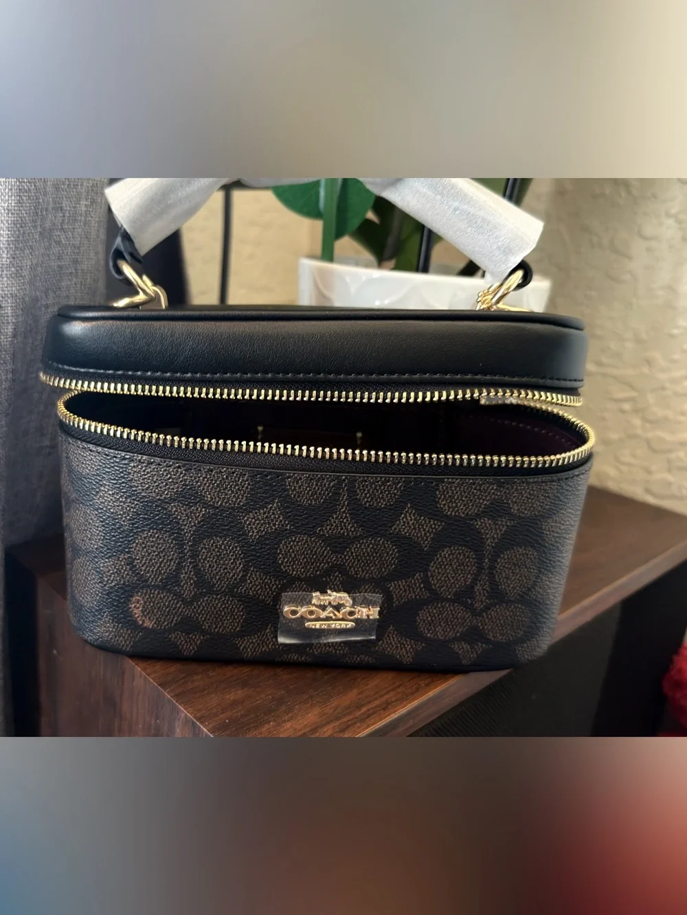 Coach Brown Signature Canvas Cosmetic Case with Black Leather Top